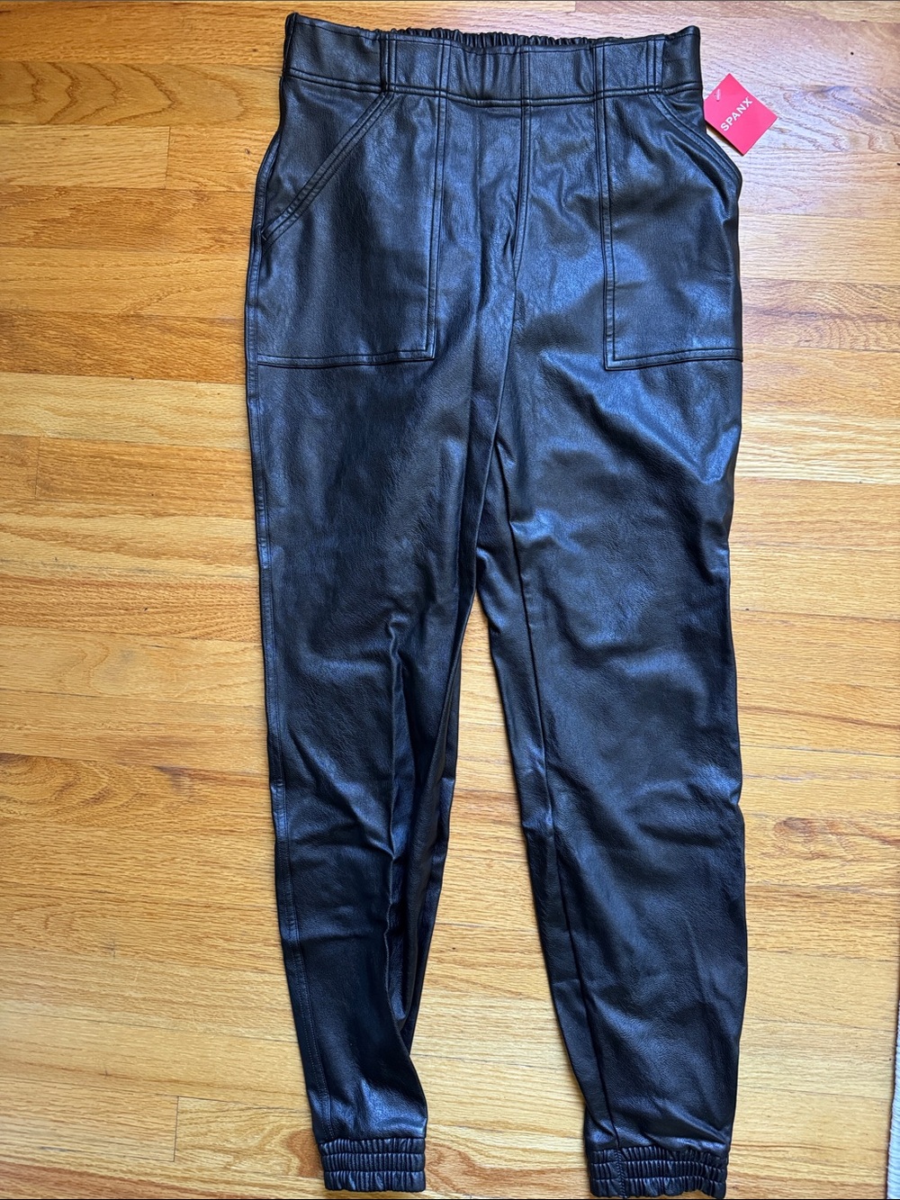 SPANX Black Faux Leather Joggers with Patch Pockets